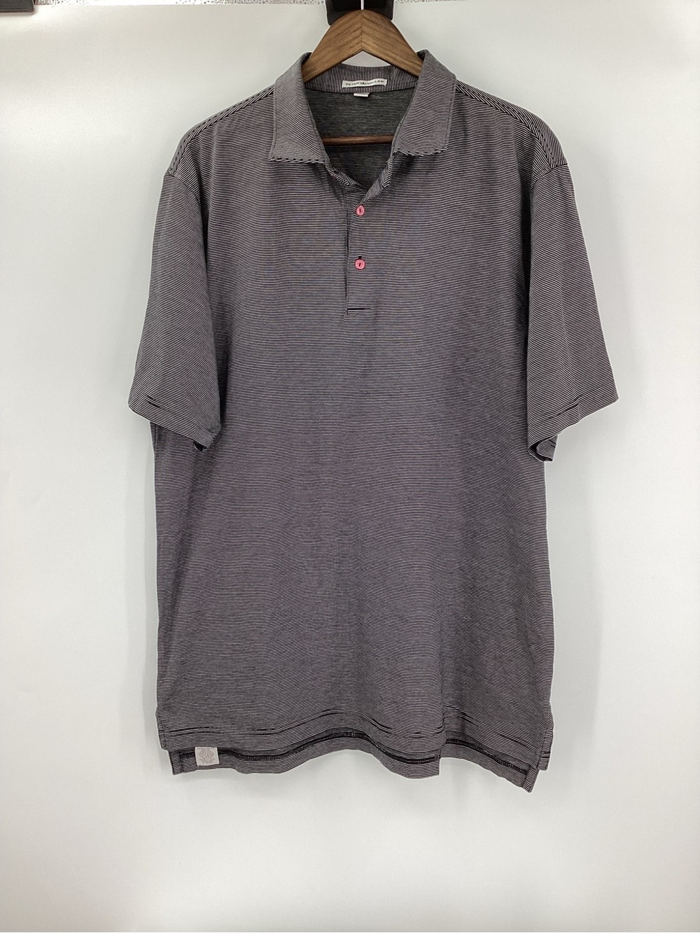 Peter Millar Striped Gray Polo with Pink Button Accents